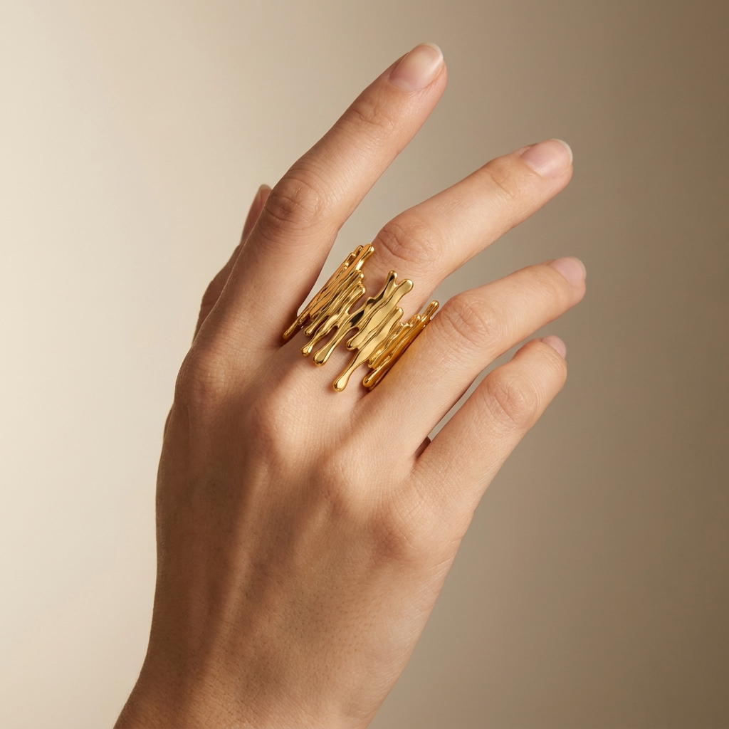 Drip Line Organic Zig-Zag Flexi Size Ring | 18K PVD Gold Plated- For Women | Includes: Ring