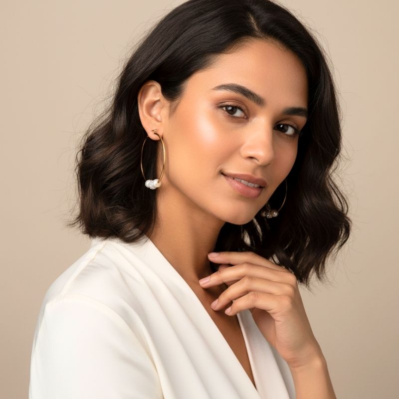 Elegant Pearl Hoop Earrings | PVD 18K Gold Plated, Stainless Steel, Water Proof, Pearl & Zircon - For Women | Includes: Earrings