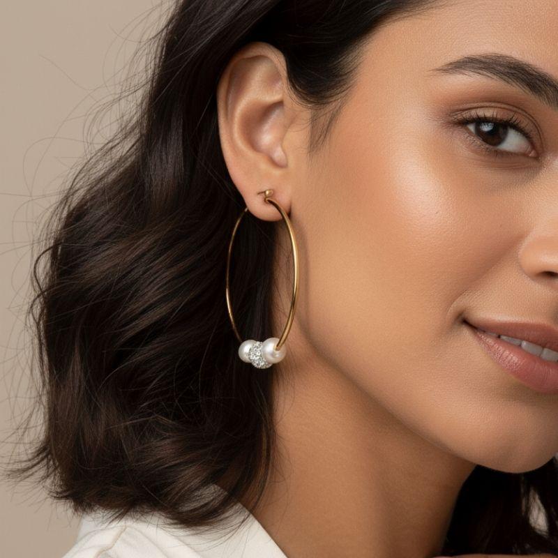 Elegant Pearl Hoop Earrings | PVD 18K Gold Plated, Stainless Steel, Water Proof, Pearl & Zircon - For Women | Includes: Earrings