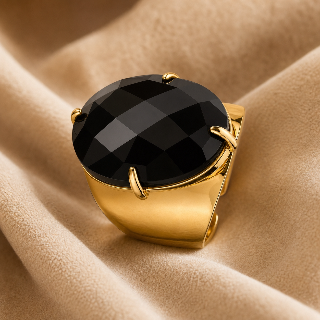 Natural Black Onyx Faceted Stone Golden Flexi Size Ring | 18K Real Gold PVD Plated– For Women | Includes: Ring