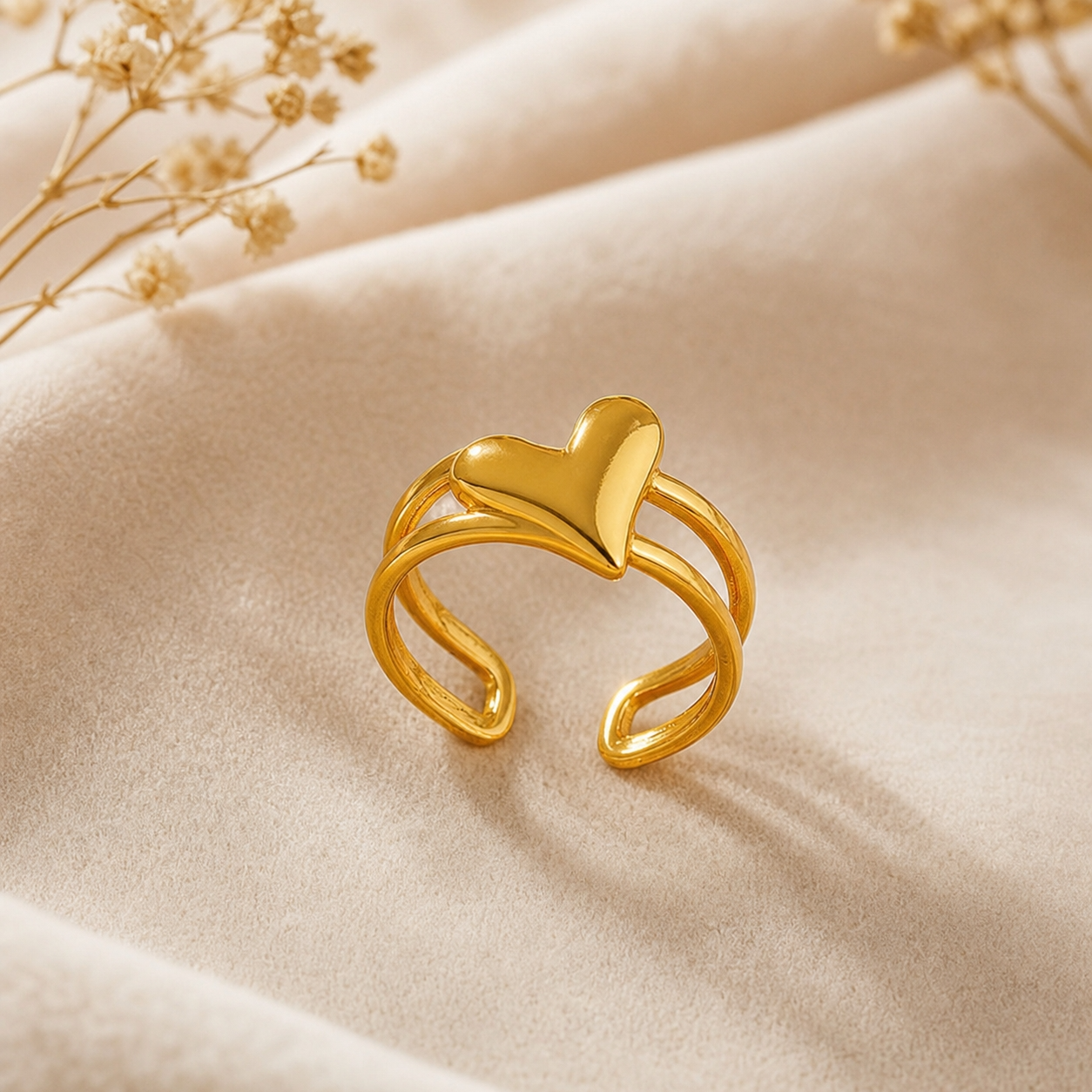 Dule Line tilted Heart Flexi Size Ring | 18K PVD Gold Plated- For Women | Includes: Ring