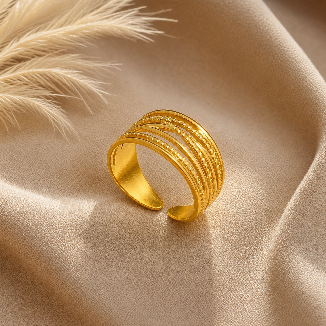 Multi-Layer Bead Line Flexi Size Ring | 18K PVD Gold Plated- For Women | Includes: Ring