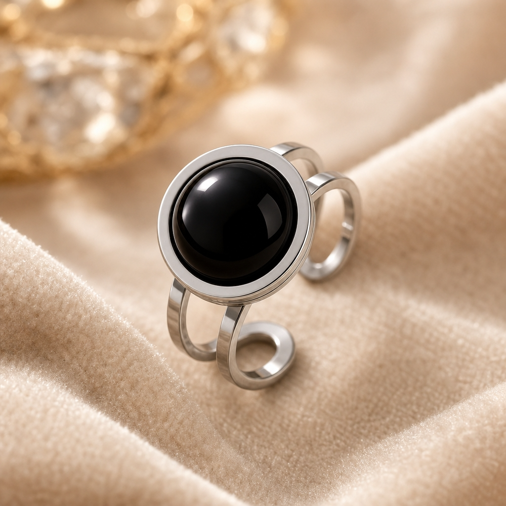 Adjustable Ring with Black Obsidian Stone| Silver Plated -For Women | Includes: Ring