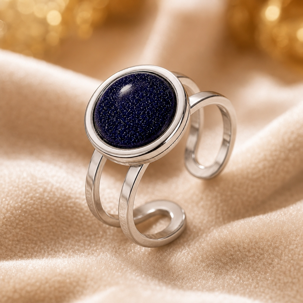 Adjustable Ring with Sparkly Black Bead Stone| Silver Plated -For Women | Includes: Ring
