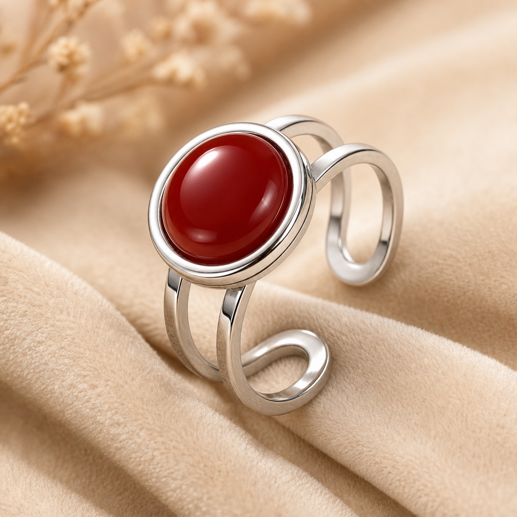 Adjustable Ring with Red Onyx Stone| Silver Plated -For Women | Includes: Ring