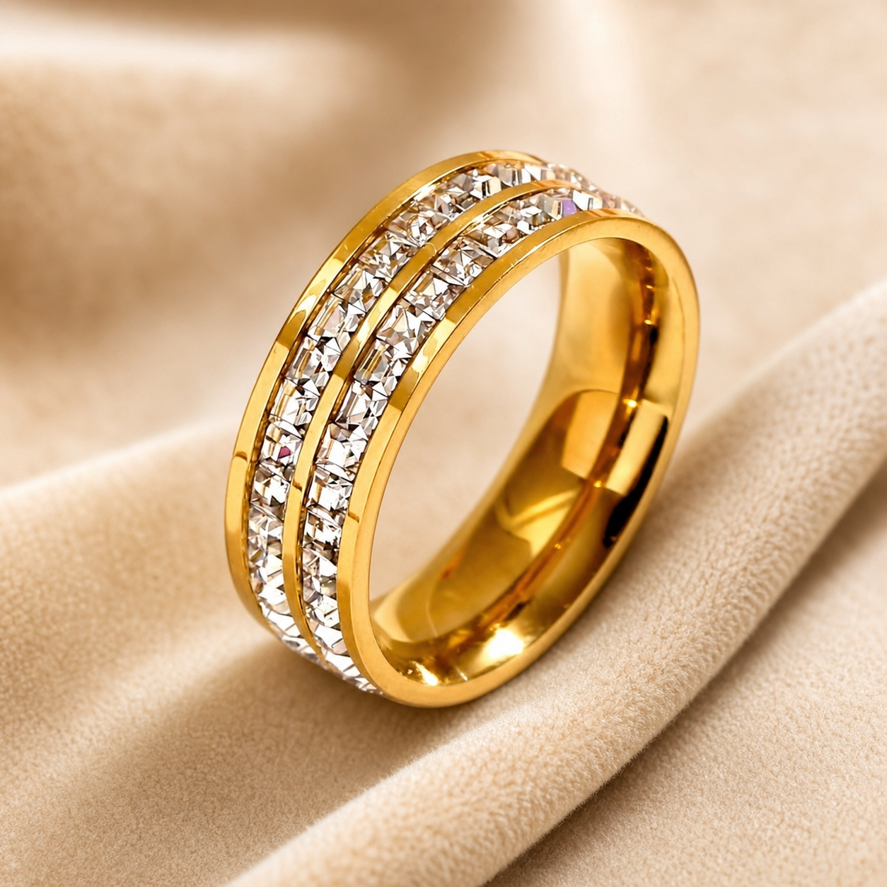 Zircon Line Titanium Steel Golden Ring | 18K Real Gold PVD Plated– For Women | Includes: Ring