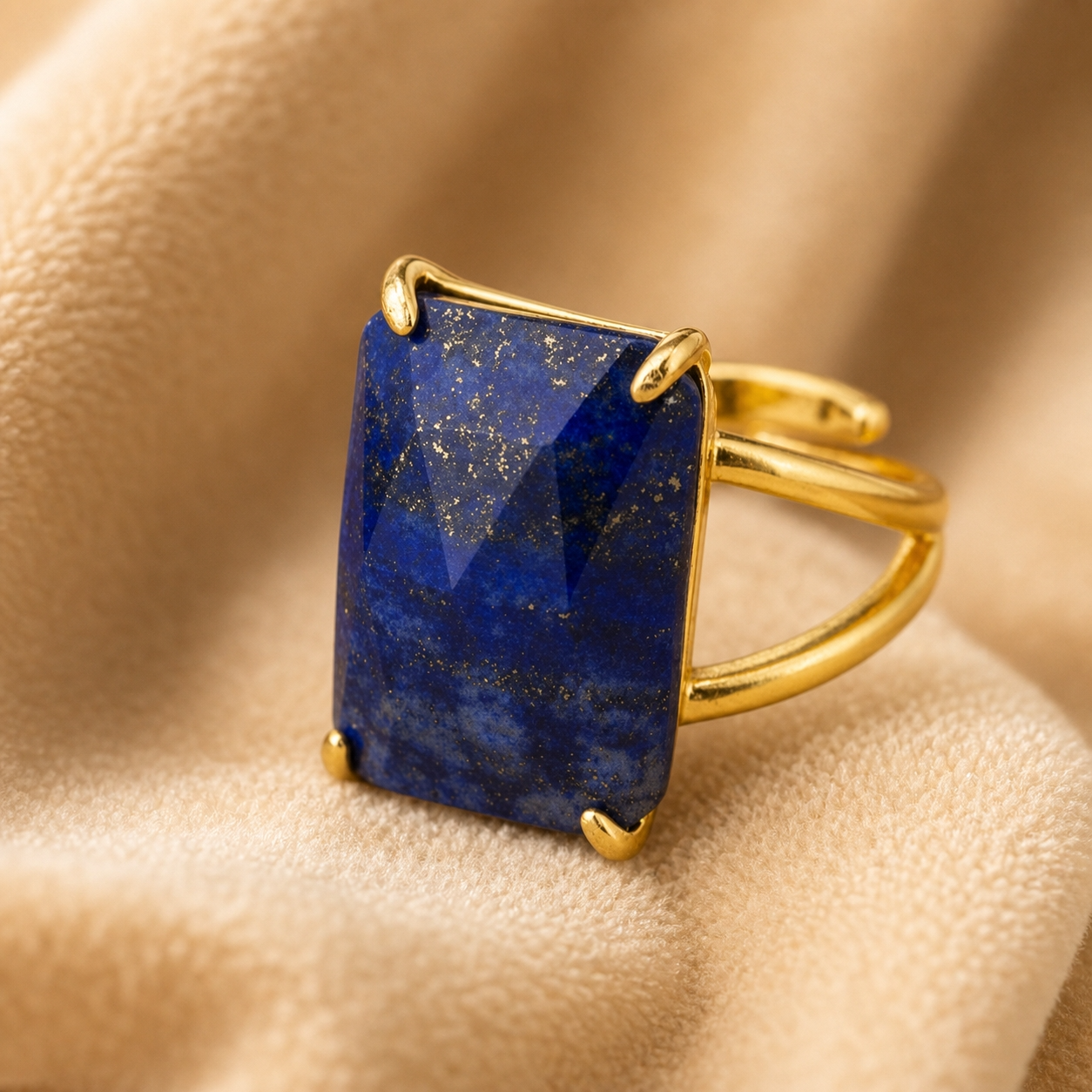 BOLD Natural Lapis Stone Golden Flexi Size Ring | 18K Real Gold PVD Plated– For Women | Includes: Ring
