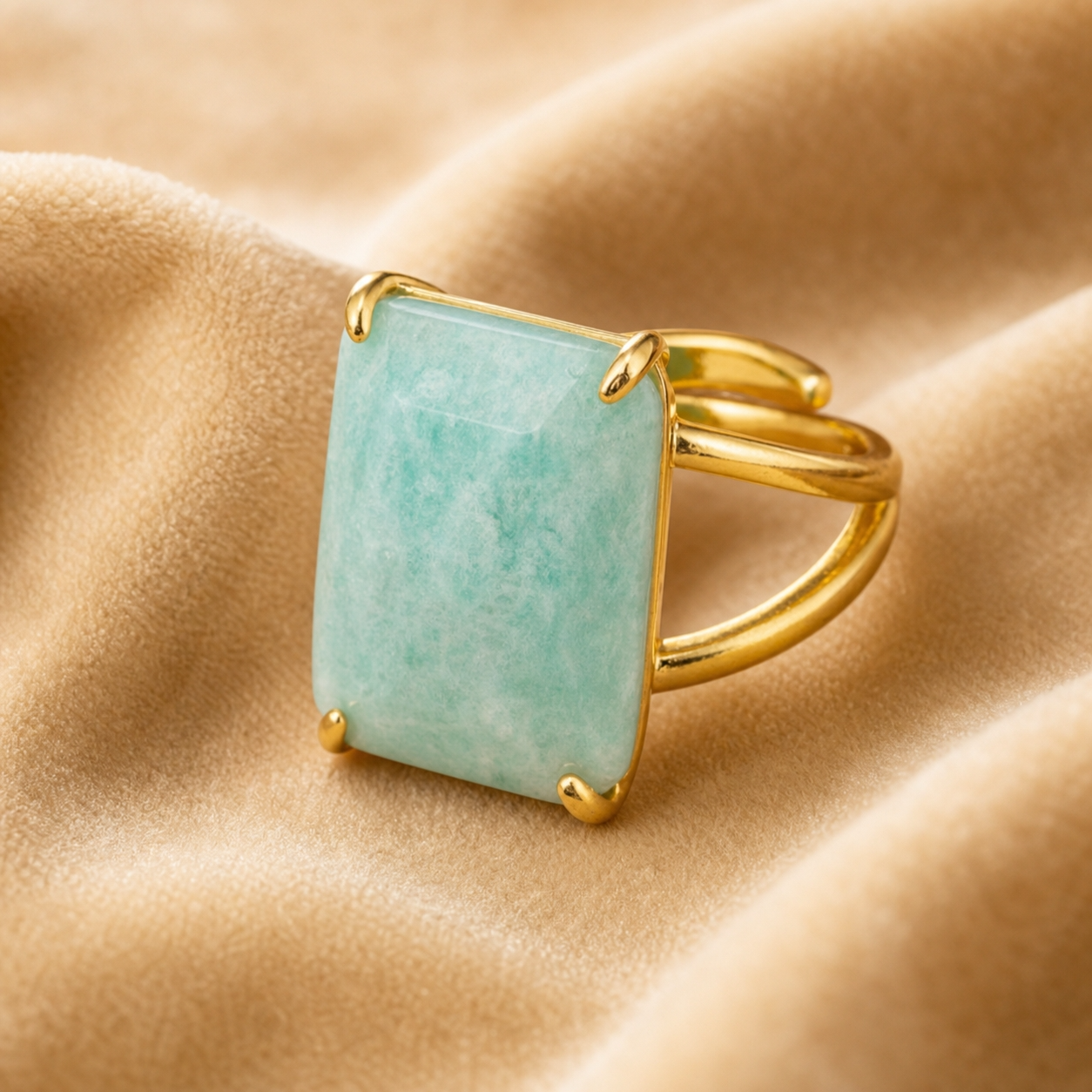 BOLD Natural Amazonite Stone Golden Flexi Size Ring | 18K Real Gold PVD Plated– For Women | Includes: Ring