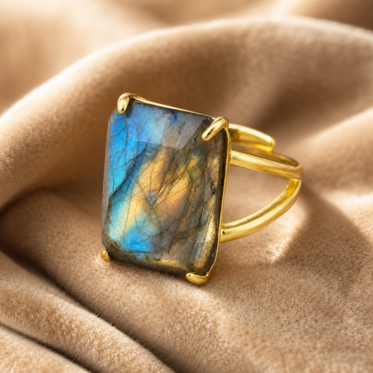 BOLD Labradorite Stone Golden Flexi Size Ring | 18K Real Gold PVD Plated– For Women | Includes: Ring