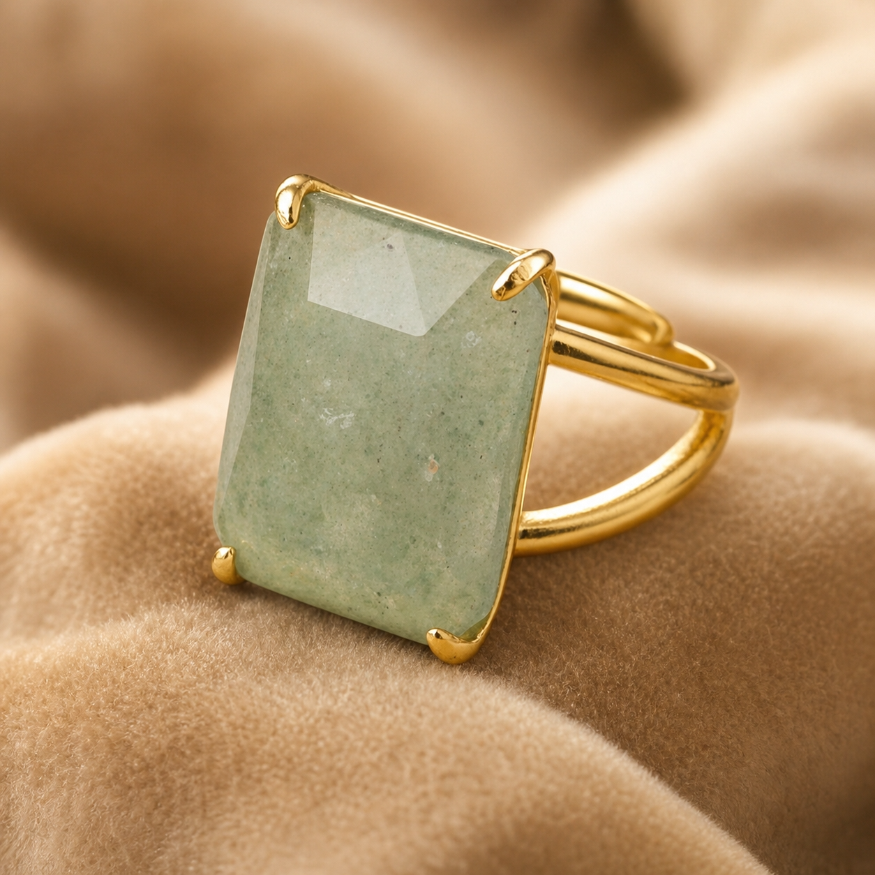 BOLD Natural Green Jade Golden Flexi Size Ring | 18K Real Gold PVD Plated– For Women | Includes: Ring