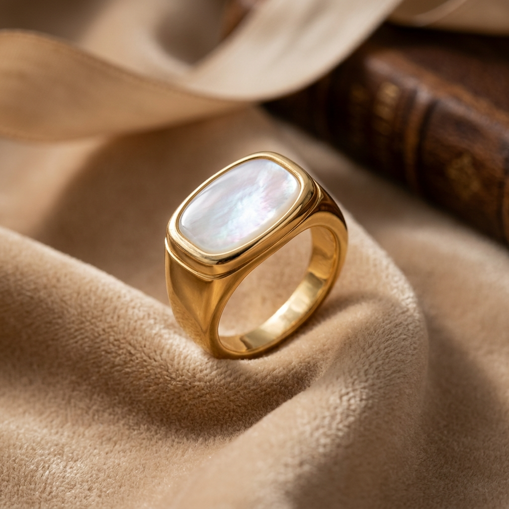 Natural Shell Titanium Golden Ring | 18K Real Gold PVD Plated– For Women | Includes: Ring