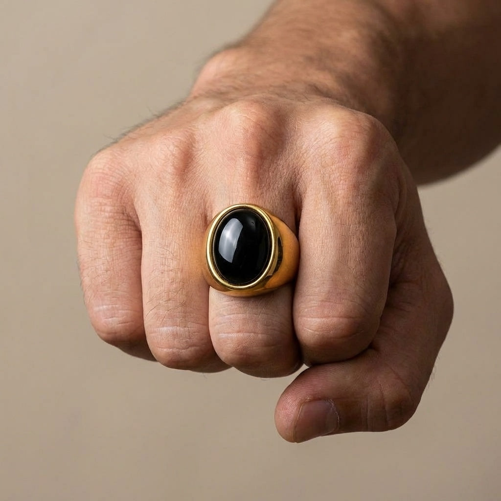 Natural BOLD Black Onyx Stone Golden Ring | 18K Real Gold PVD Plated– For Men | Includes: Ring