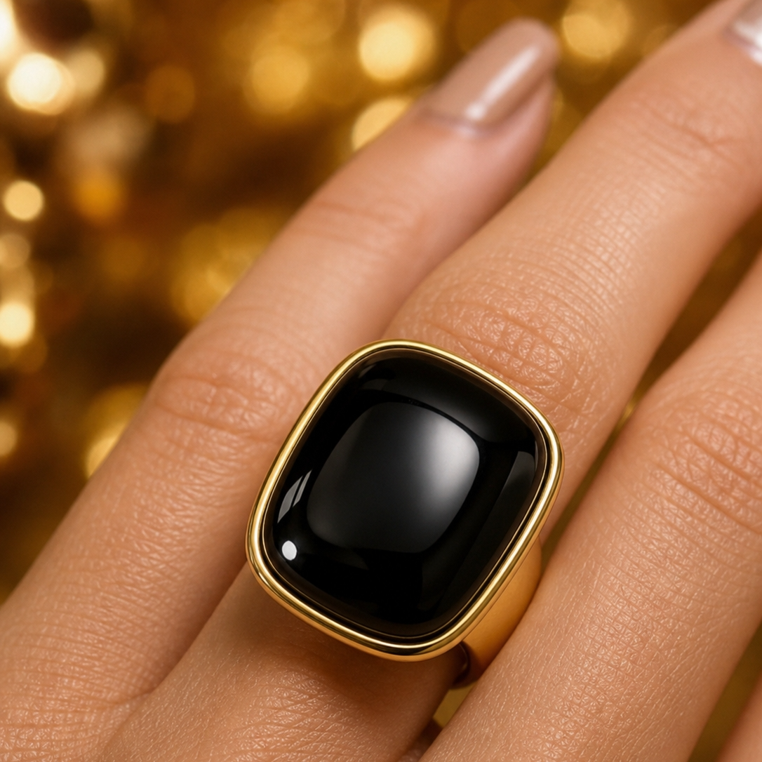 Ultra Bold Natural Black Agate Stone Golden Ring | 18K Real Gold PVD Plated– For Women | Includes: Ring