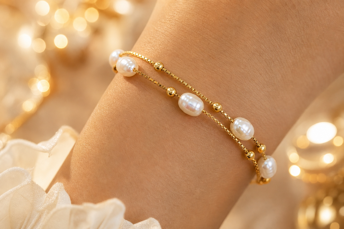 Lustre Pearl-Look DOUBLE LAYER Bracelet | Gold-Tone - For Women | Includes: Bracelet