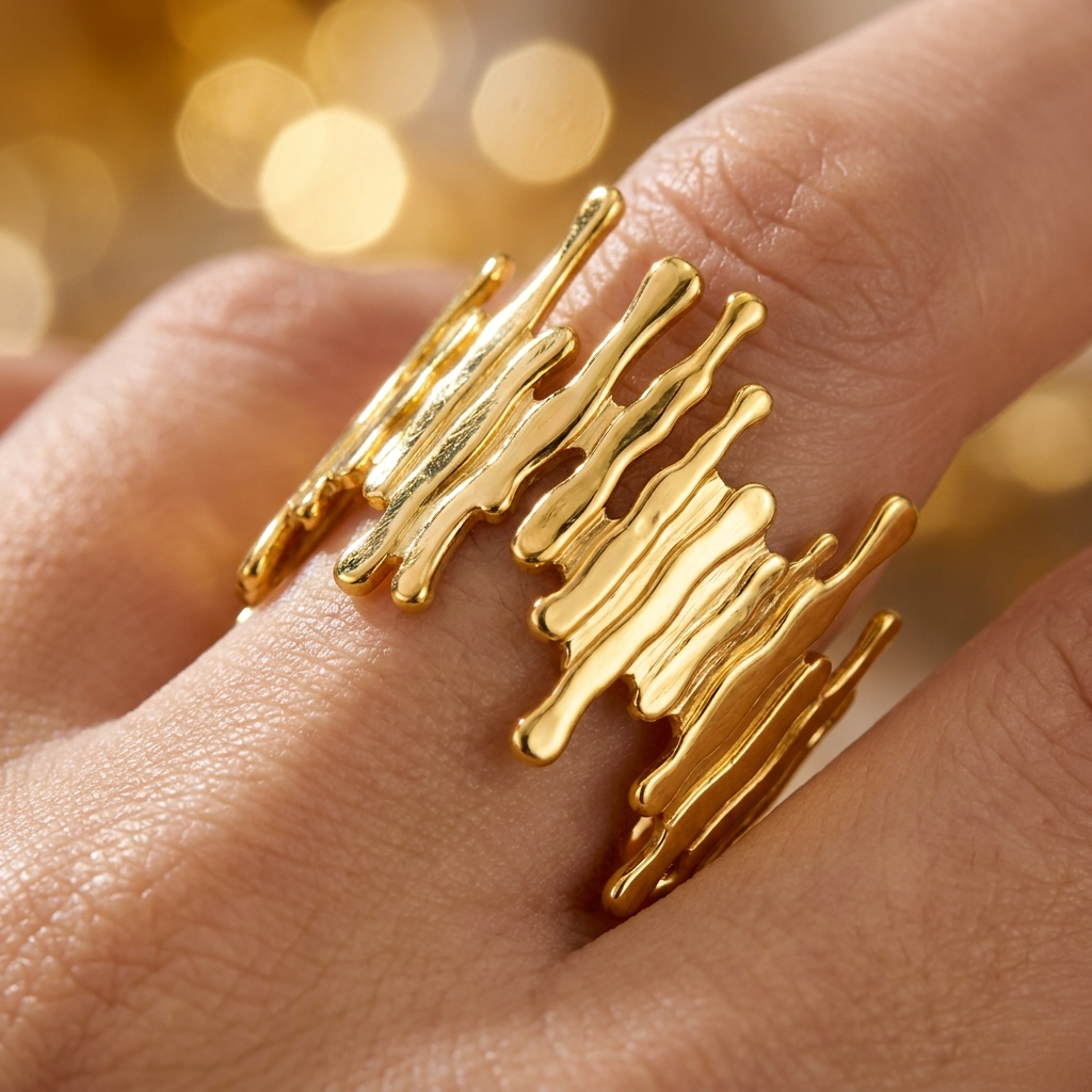 Drip Line Organic Zig-Zag Flexi Size Ring | 18K PVD Gold Plated- For Women | Includes: Ring