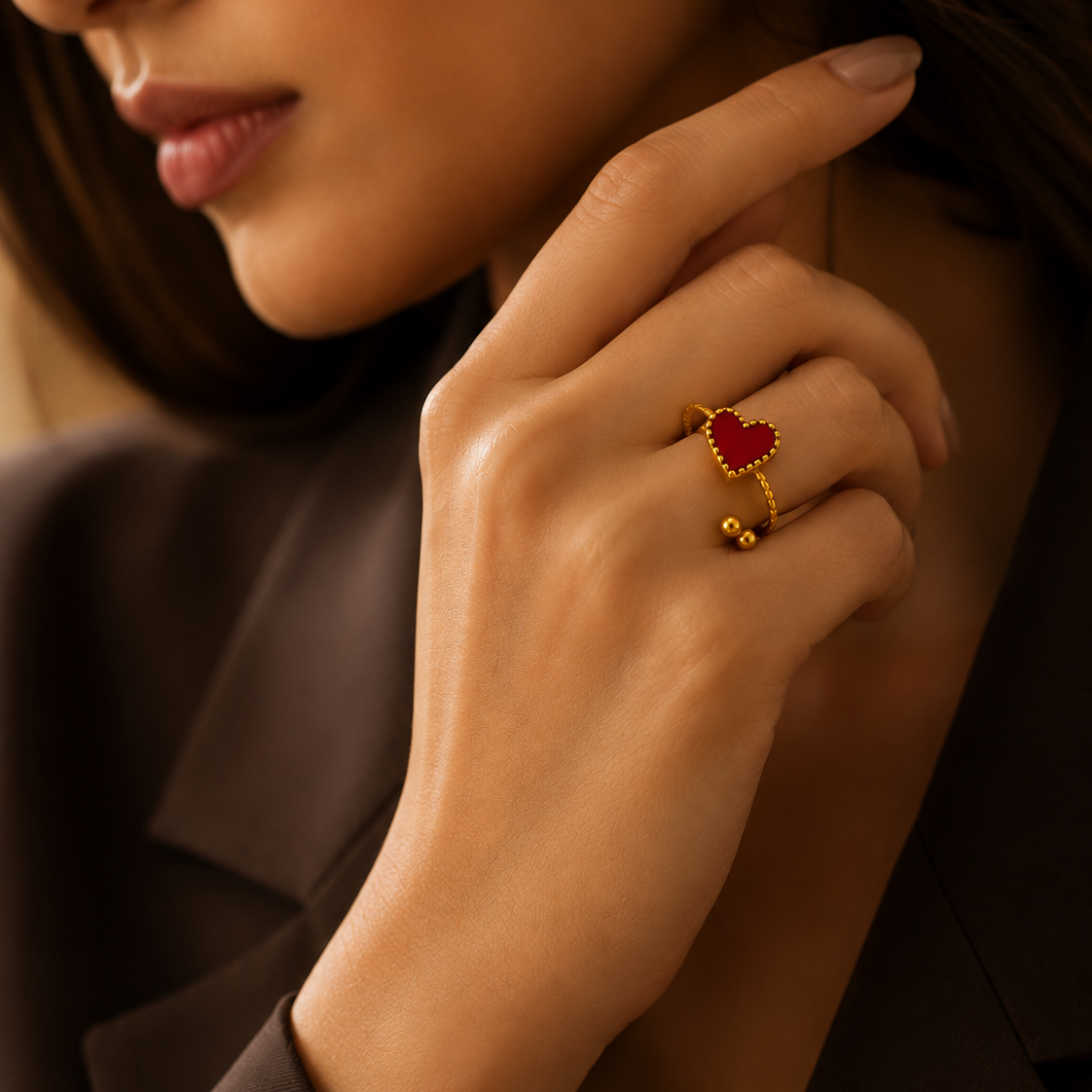 Dainty Red Shell Heart Flexi Size Ring | 18K PVD Gold Plated- For Women | Includes: Ring