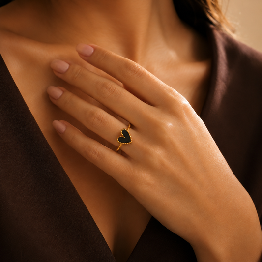 Dainty Black Shell Heart Flexi Size Ring | 18K PVD Gold Plated- For Women | Includes: Ring