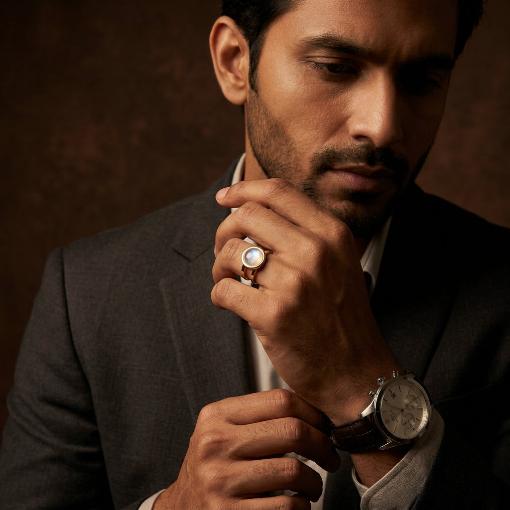 Moon Light Real Stone Flexi Size Golden Ring | 18K Real Gold PVD Plated– For Men | Includes: Ring