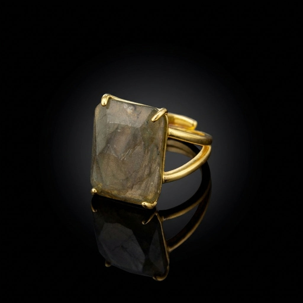BOLD Labradorite Stone Golden Flexi Size Ring | 18K Real Gold PVD Plated– For Men | Includes: Ring