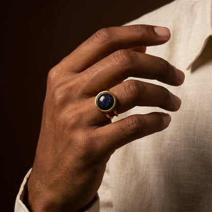 Blue Sand Stone Flexi Size Golden Ring | 18K Real Gold PVD Plated– For Men | Includes: Ring