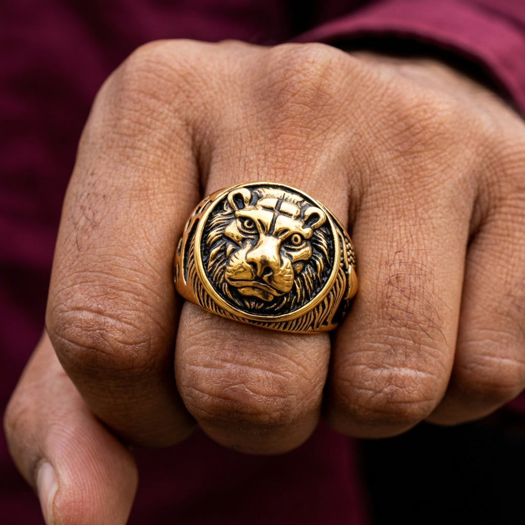 Bold Masculine Tiger Golden Steel Ring | 18K PVD Gold Plated– For Men | Includes: Ring