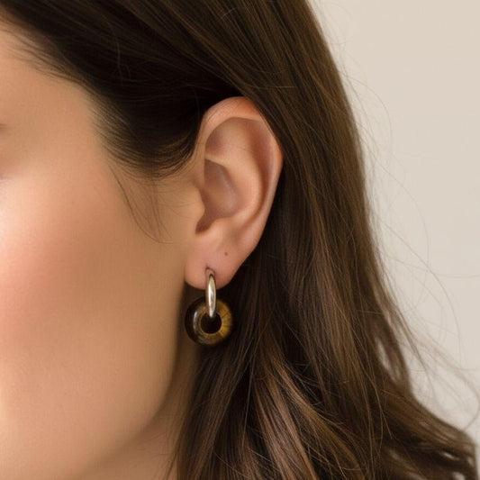 Fierce Elegance Hoop Earrings | Tiger Eye Stone & Silver PVD Plated - For Women | Includes: Earrings