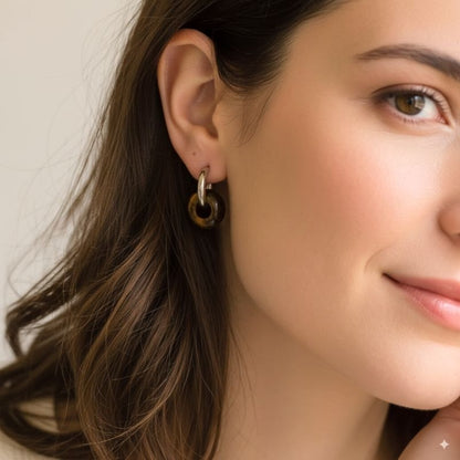 Fierce Elegance Hoop Earrings | Tiger Eye Stone & Silver PVD Plated - For Women | Includes: Earrings