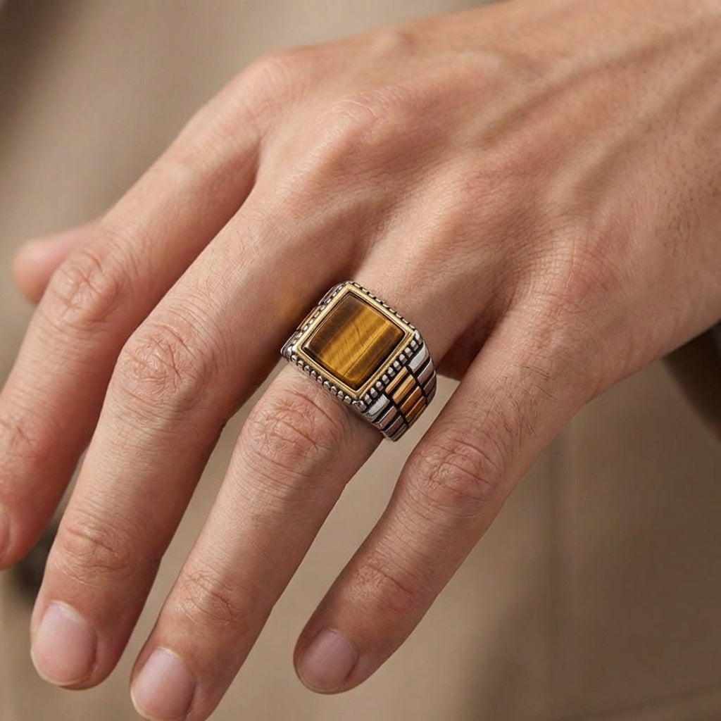 Natural Tiger Eye Stone Pyramid Ring | TITANIUM STEEL– For Men | Includes: Ring