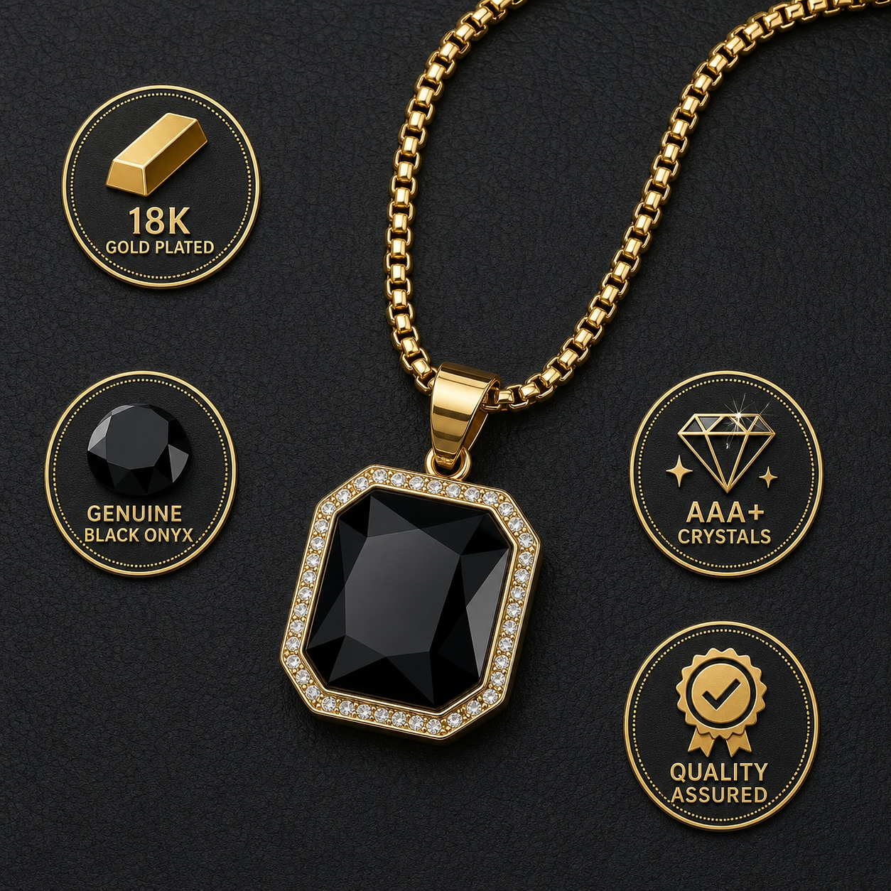 Ultra BOLD Posh BLACK Zircon Golden Necklace | 18K PVD REAL Gold Plated- For Men| Includes: Necklace
