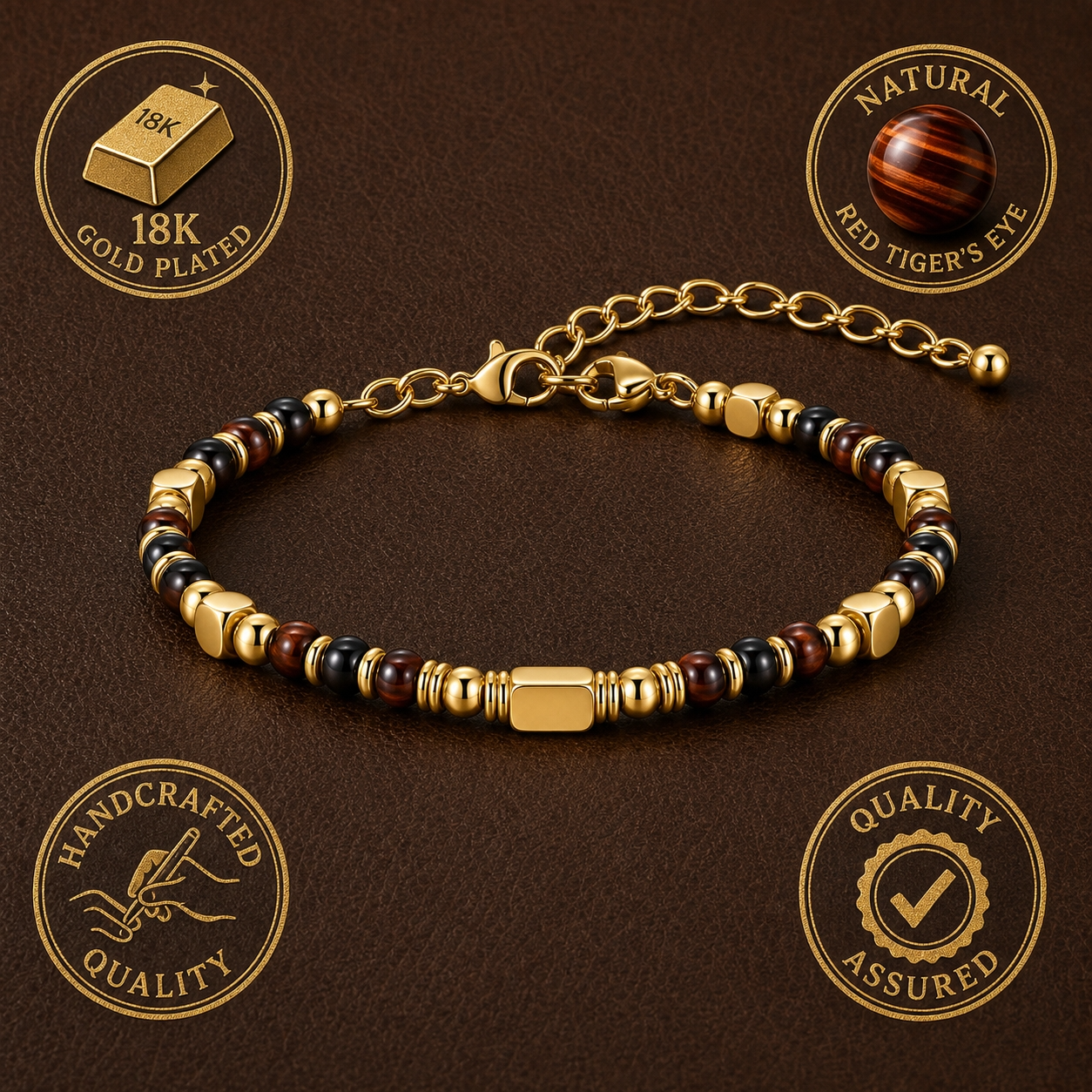 Ultra Rich Red Tiger Eye Stone Flexi Bracelet | 18K PVD Gold Plated- For Men | Includes: Bracelet