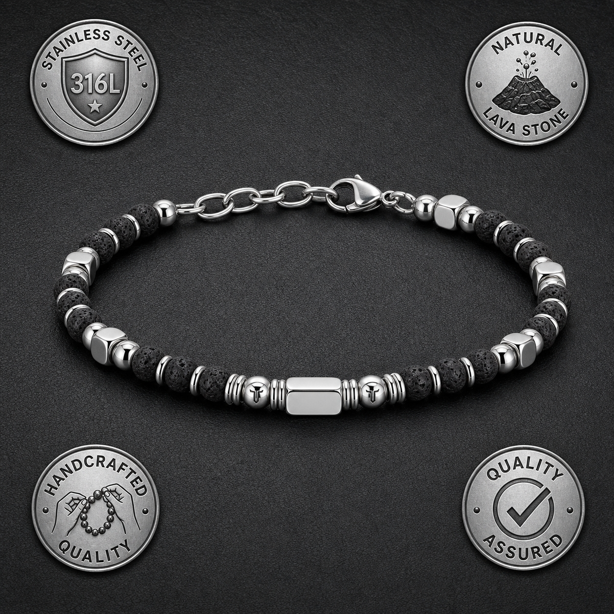 Ultra Rich Real Lava Stone Flexi Bracelet | TITANIUM Steel- For Men | Includes: Bracelet
