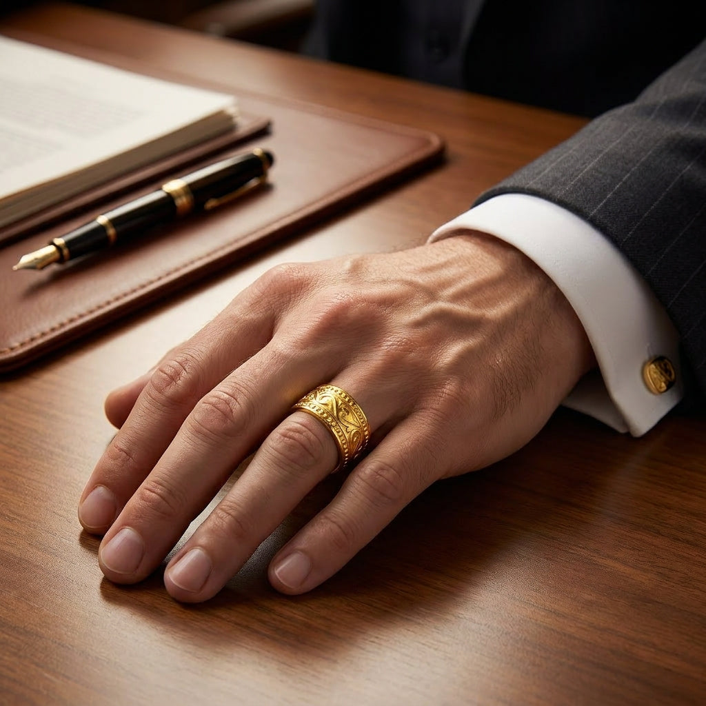 Golden Heritage Designer Steel Ring | 18K Real Gold PVD Plated– For Men | Includes: Ring