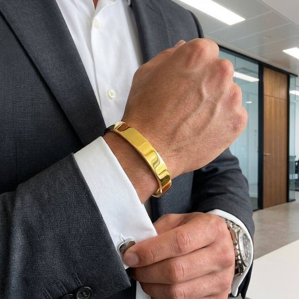 Solid Everyday Cuff REAL GOLD FINISH Bracelet | 18K PVD Gold Plated- For Men | Includes: Bracelet