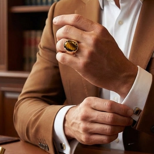 Natural Tiger Eye Faceted Stone Golden Flexi Size Ring | 18K Real Gold PVD Plated– For Men | Includes: Ring