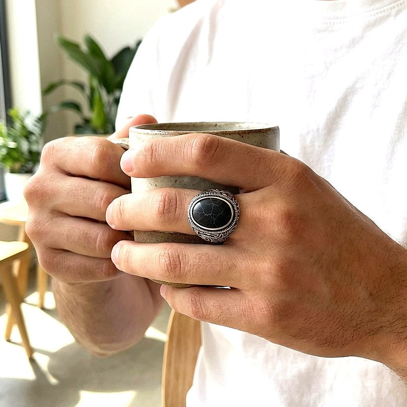 BOLD Black Turquoise Stone STEEL Ring | Stainless Steel– For Men | Includes: Ring