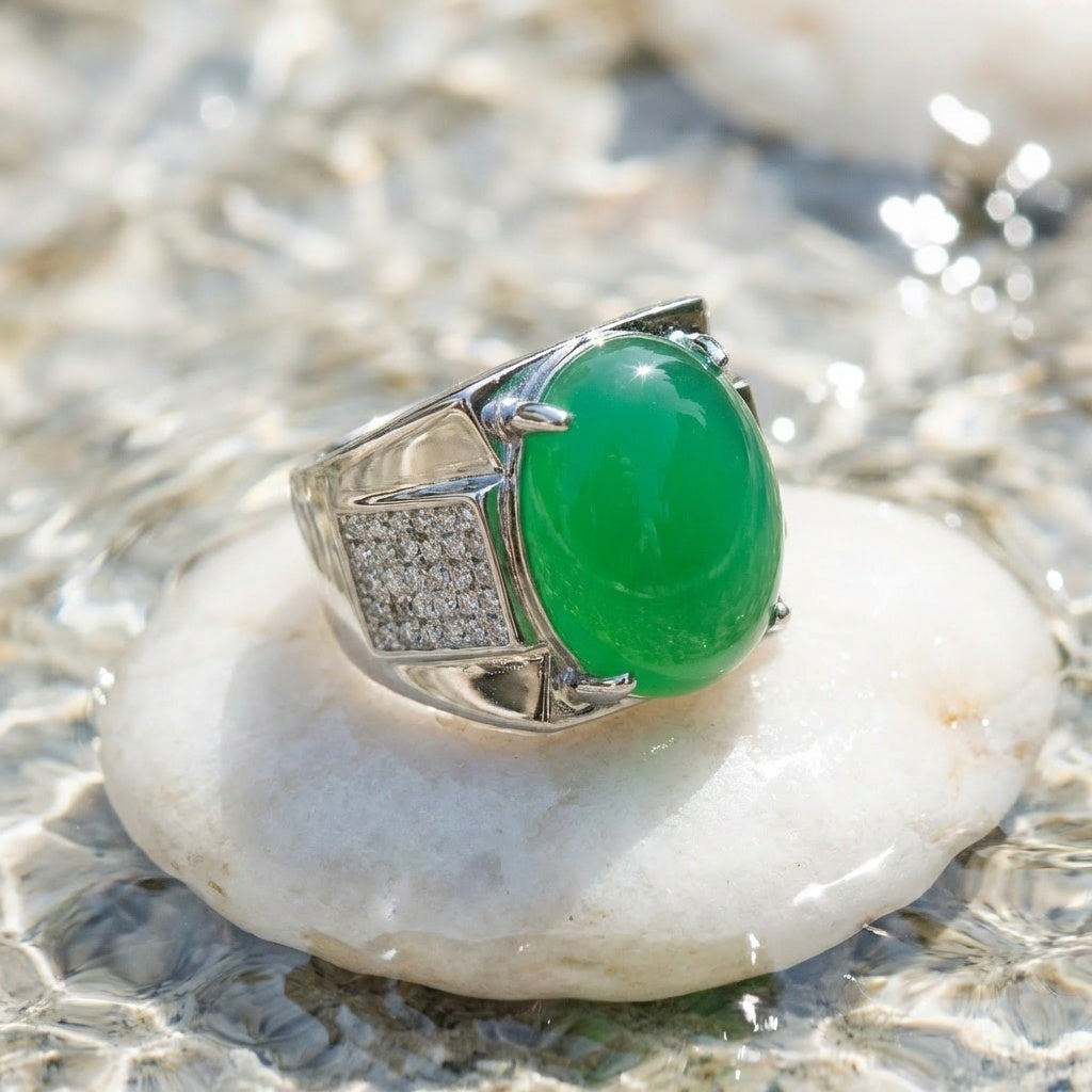 Green REAL STONE Zircon Ring | Pure Silver Plated Steel– For Men | Includes: Ring