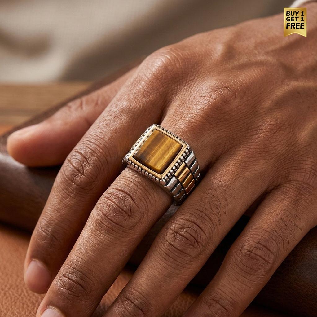 Natural Tiger Eye Stone Pyramid Ring | TITANIUM STEEL– For Men | Includes: Ring