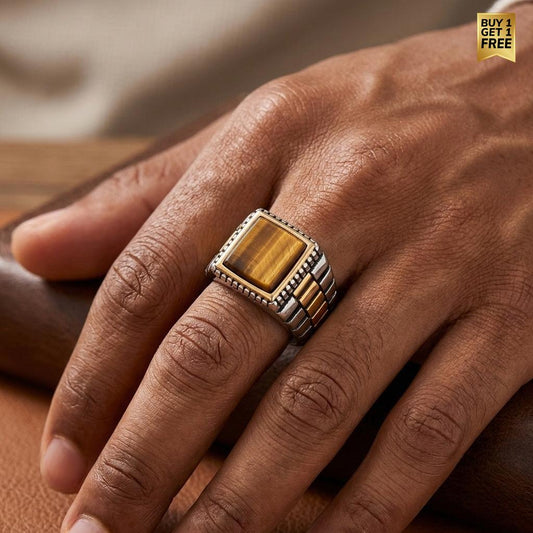 Natural Tiger Eye Stone Pyramid Ring | TITANIUM STEEL– For Men | Includes: Ring