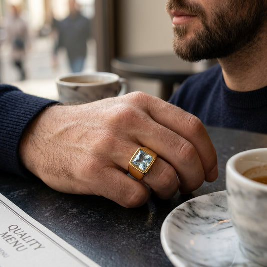 Golden Regular Watery Blue Square Zircon Titanium Ring | 18K Real Gold PVD Plated– For Men | Includes: Ring