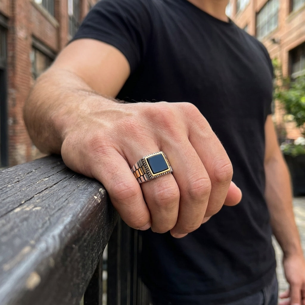 Natural Black Obsidian Stone Pyramid Ring | TITANIUM STEEL– For Men | Includes: Ring