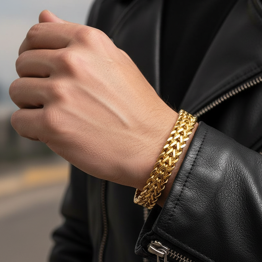 Posh REAL GOLD PLATED Woven Bracelet | Stainless Steel - For Men | Includes: Bracelet