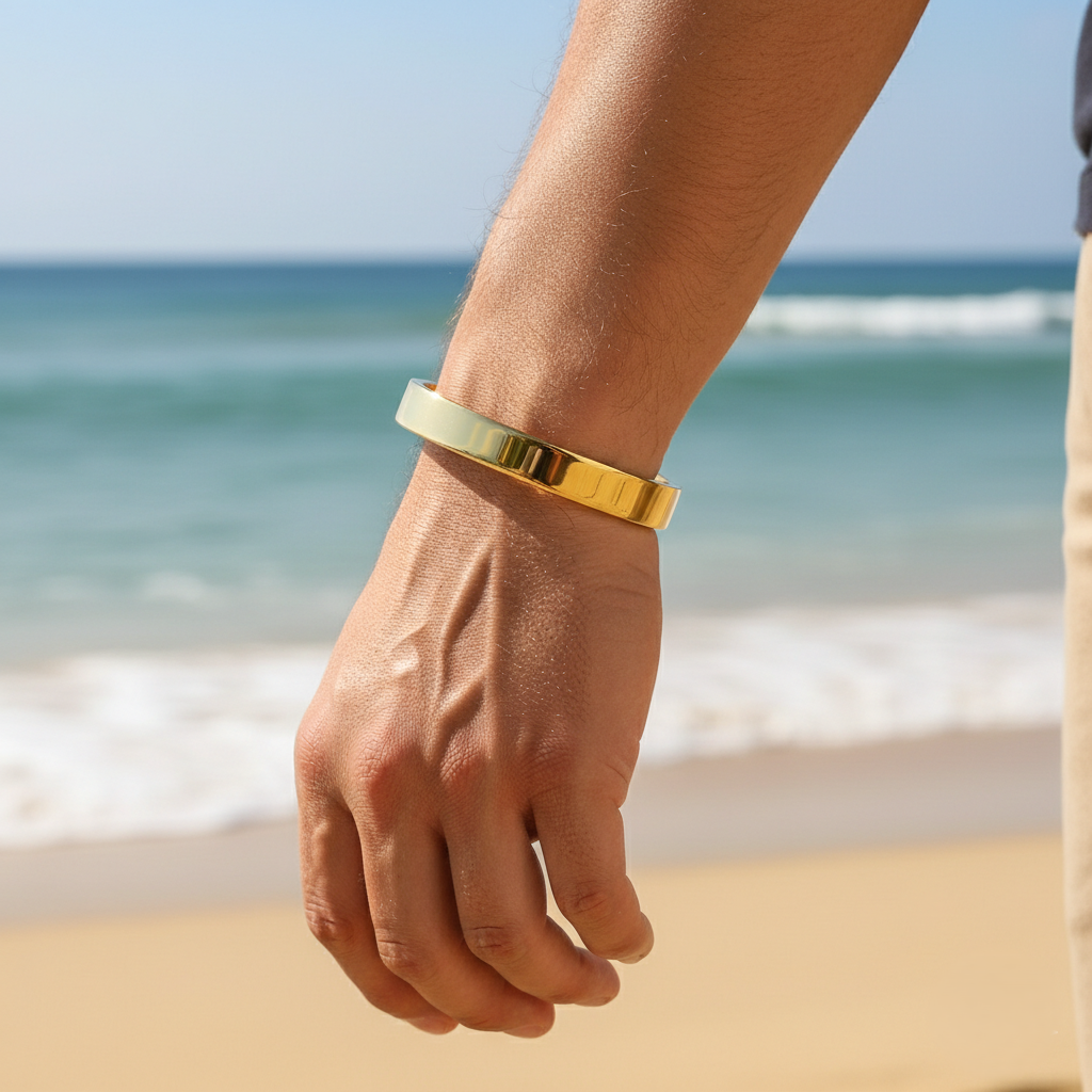 Solid Everyday Cuff REAL GOLD FINISH Bracelet | 18K PVD Gold Plated- For Men | Includes: Bracelet