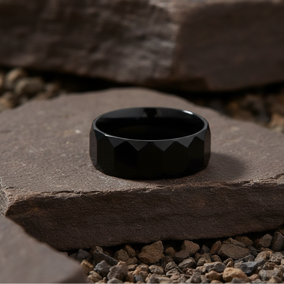 Everyday Faceted Designer Black Ring | Real Steel– For Men | Includes: Ring