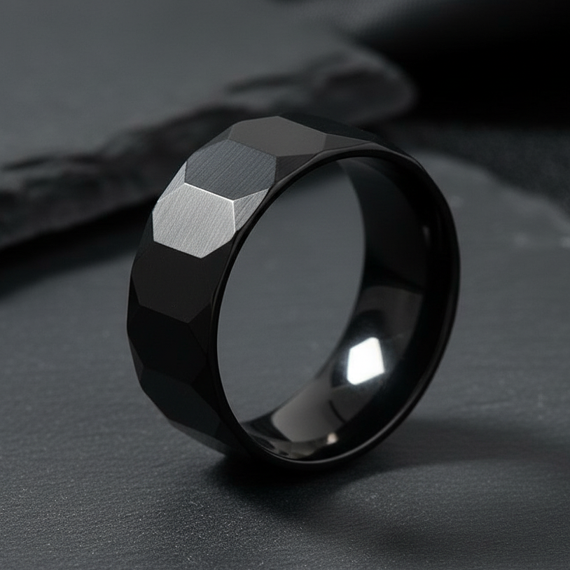 Everyday Faceted Designer Black Ring | Real Steel– For Men | Includes: Ring