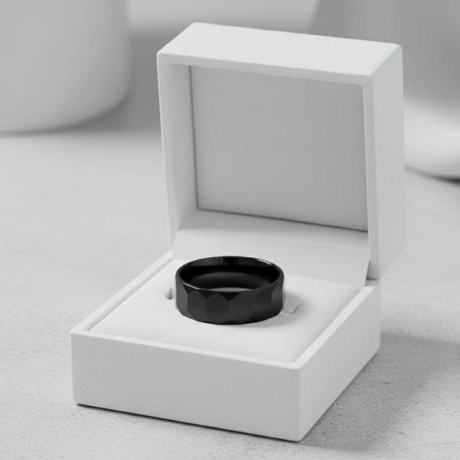 Everyday Faceted Designer Black Ring | Real Steel– For Men | Includes: Ring