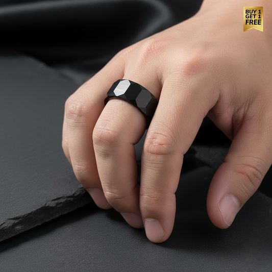 Everyday Faceted Designer Black Ring | Real Steel– For Men | Includes: Ring