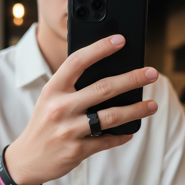 Everyday Faceted Designer Black Ring | Real Steel– For Men | Includes: Ring