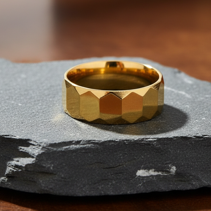 Everyday Faceted Golden Ring | 18K PVD Gold Plated– For Men | Includes: Ring