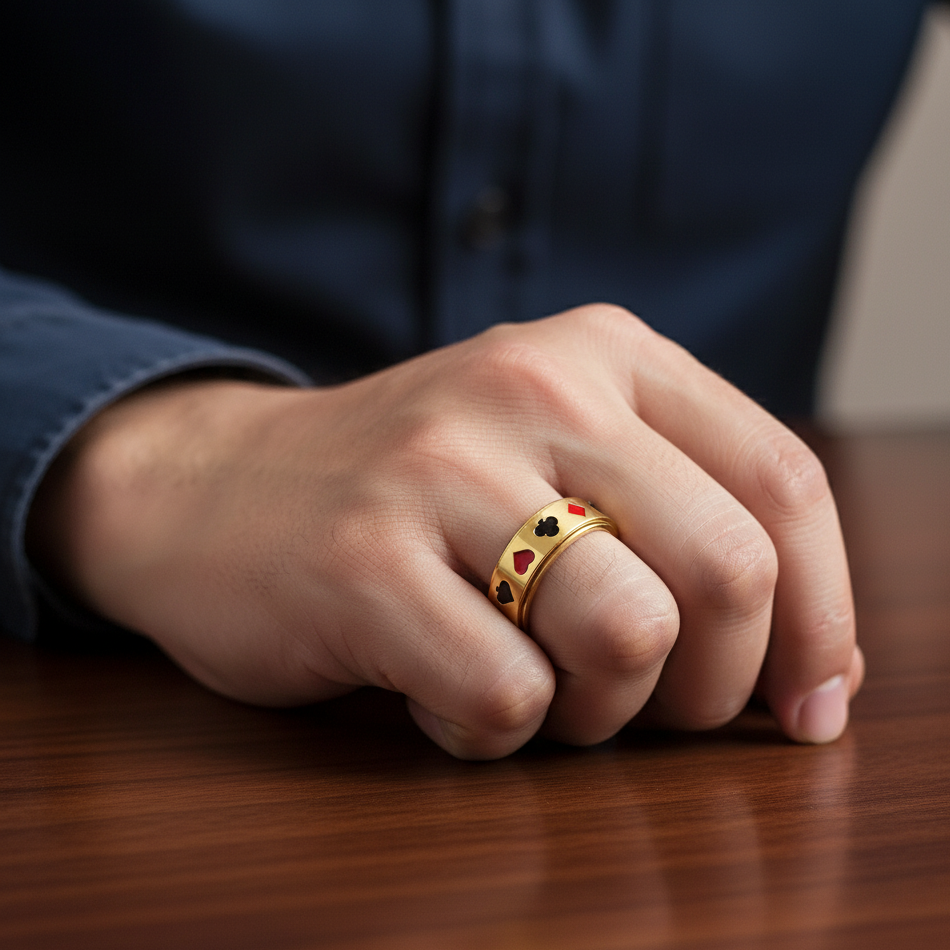 Rotating Golden Cards REAL Steel Ring | 18K PVD Plated– For Men | Includes: Ring