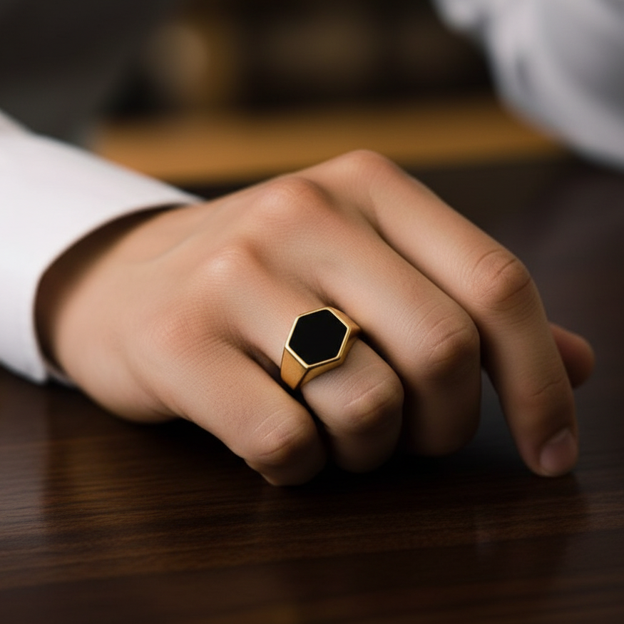 Everyday Sturdy Hexa-Anamel Golden Ring | 18K PVD Gold Plated– For Men | Includes: Ring